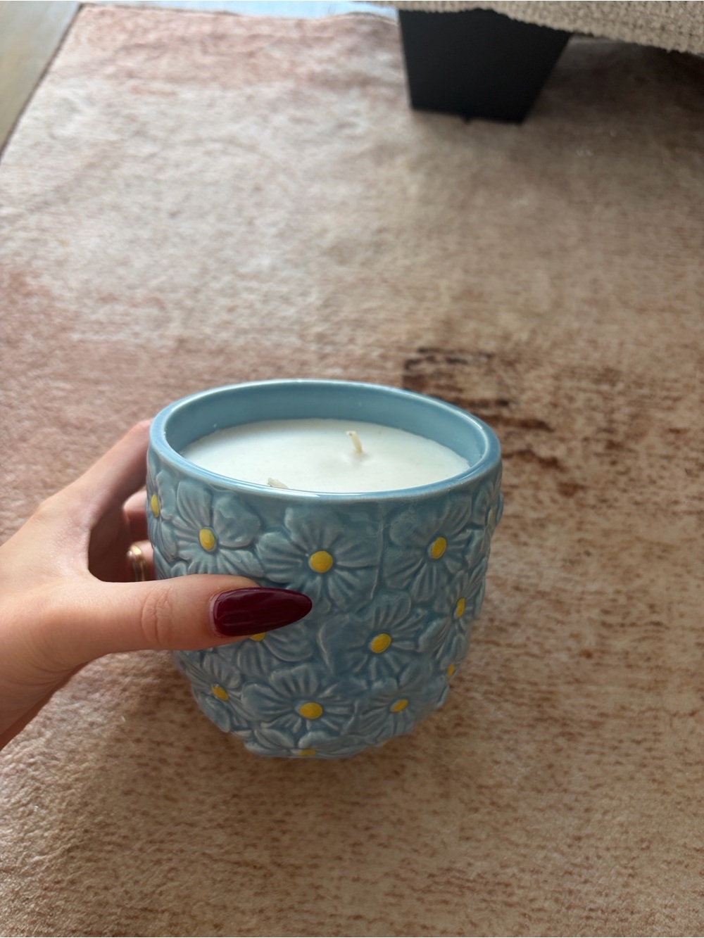 Blue Floral Ceramic Candle Jar with Daisy Motif